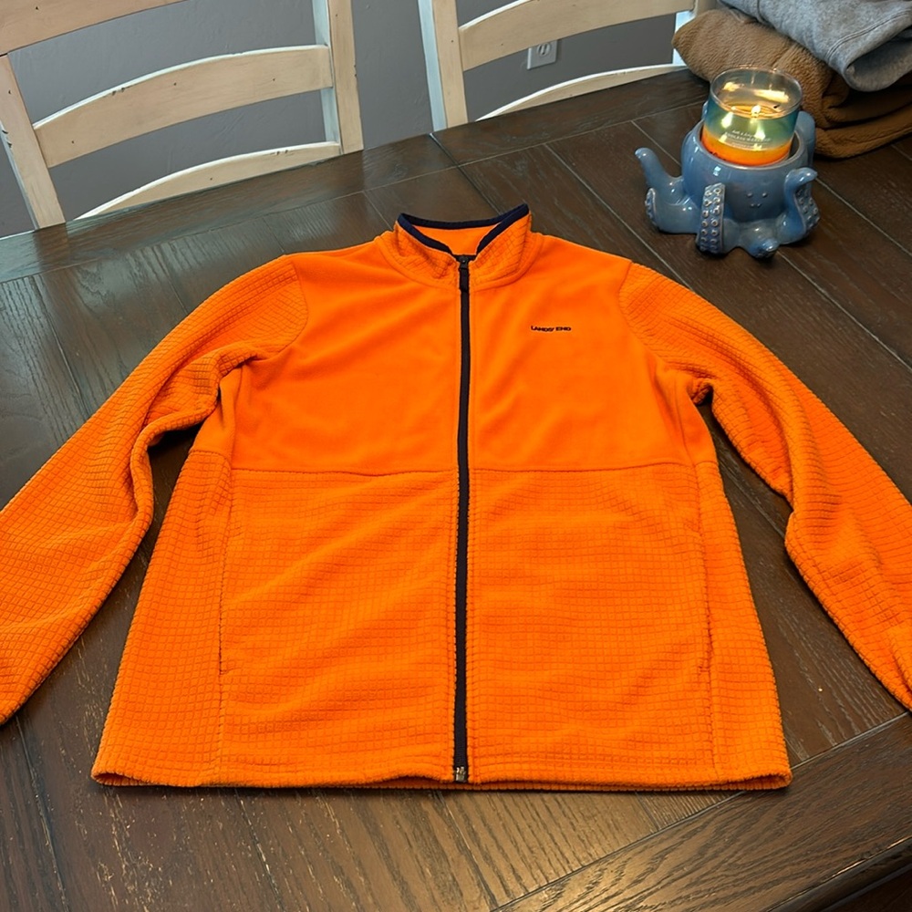 Lands End Fleece Jacket. XXL 18H-20H. Orange with Navy Blue trim.